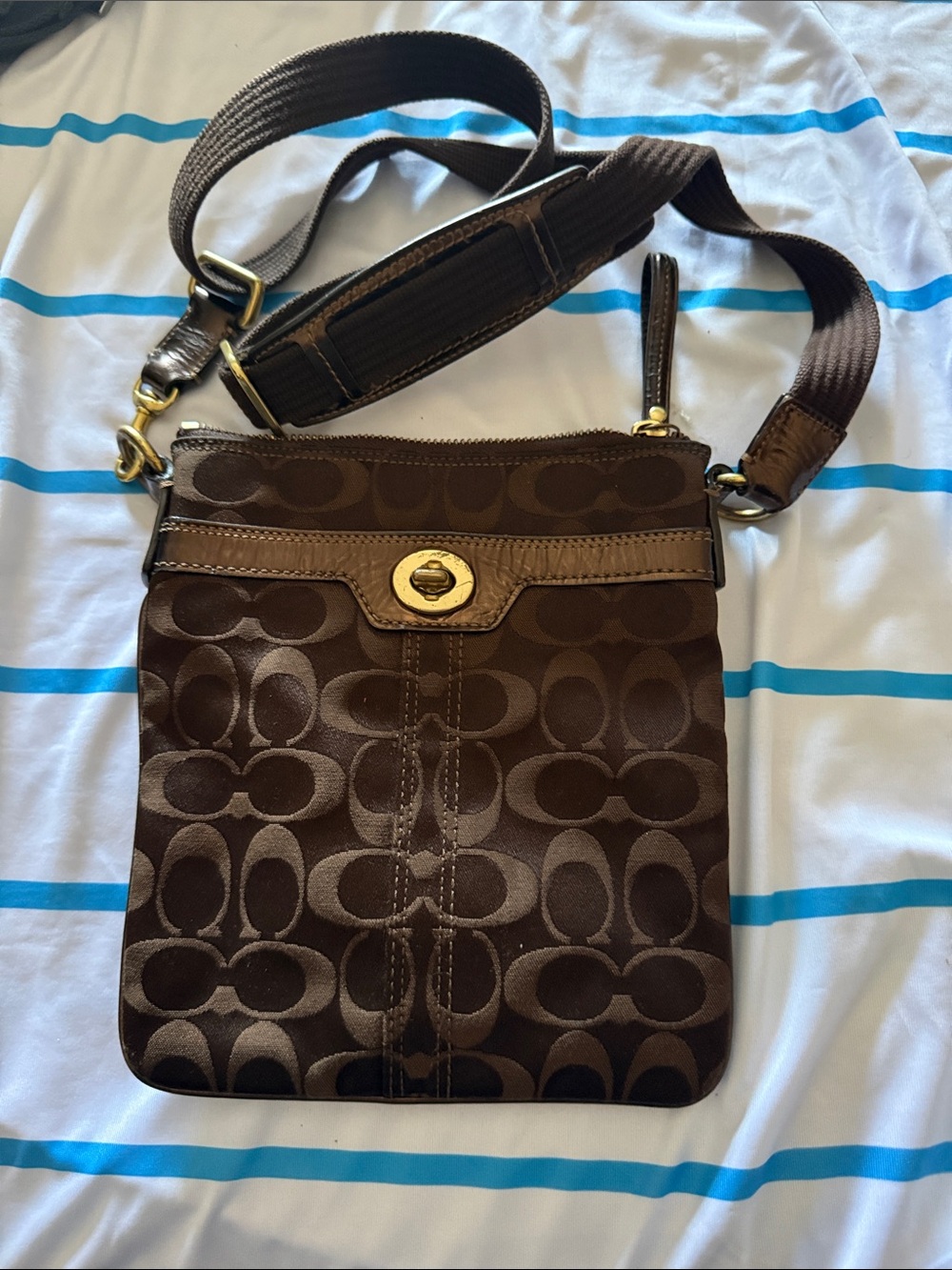 Coach Brown Signature Crossbody with Gold Turnlock